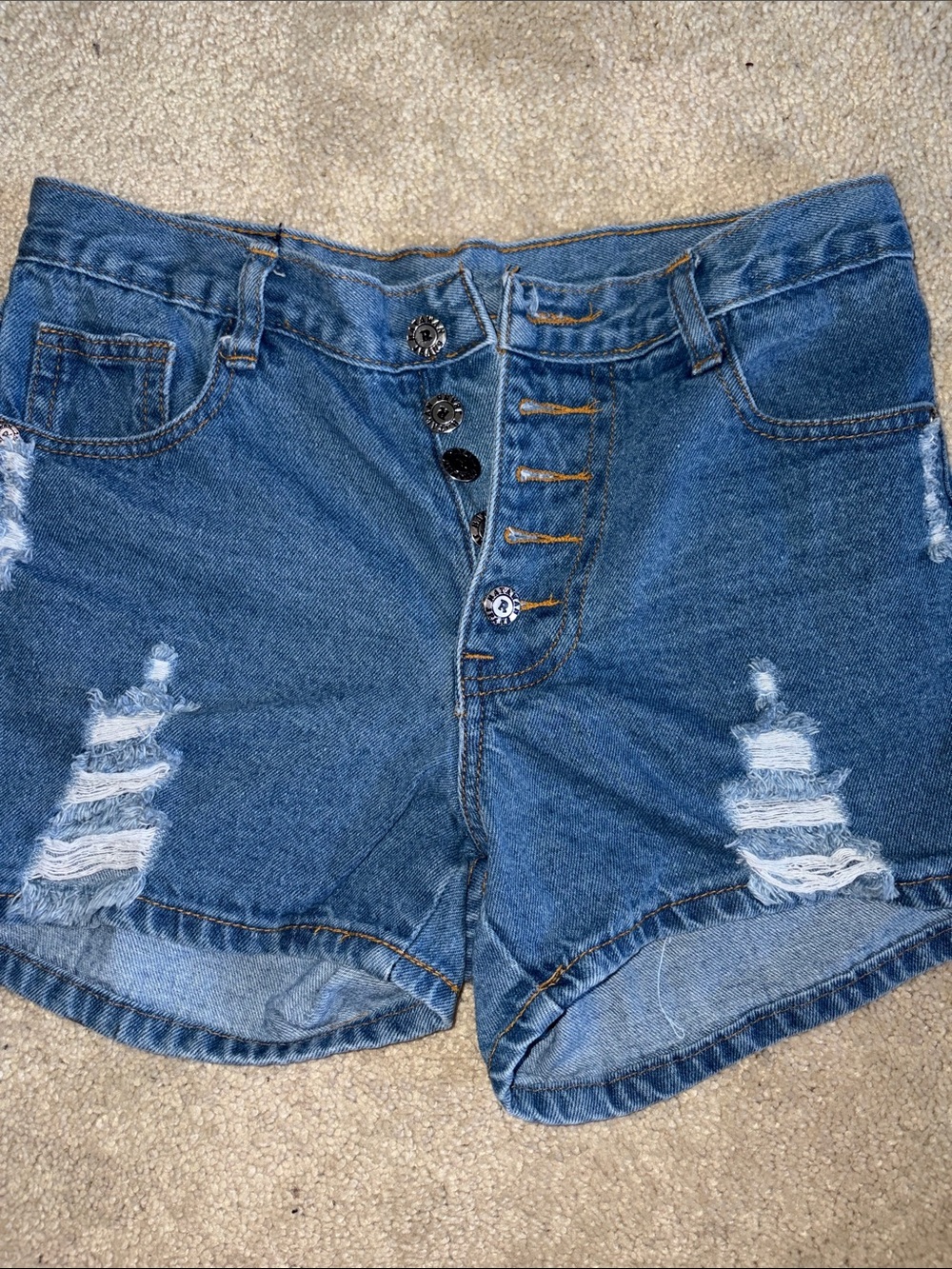 Distressed High-Rise Denim Shorts in Blue